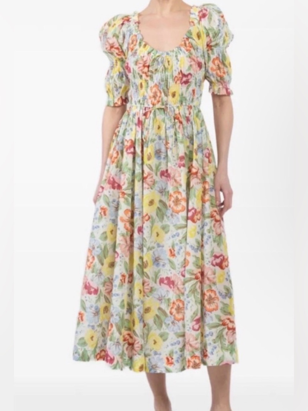 Doen Floral Puff-Sleeve Midi Dress in Pastel Yellow, Pink, Green